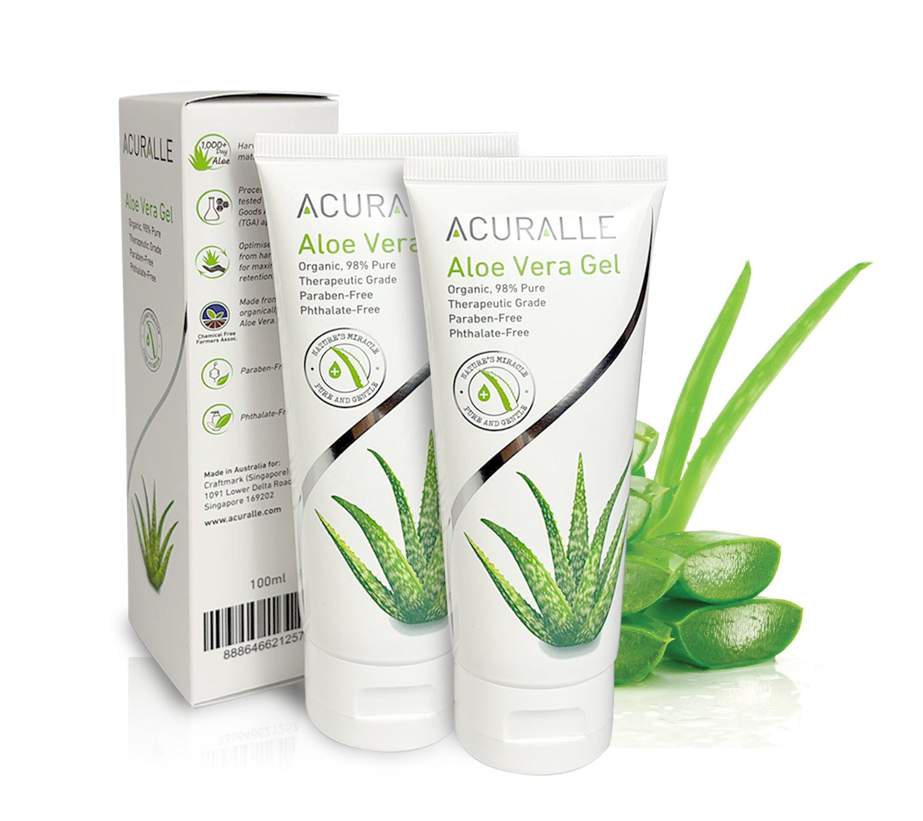 Acuralle Organic Aloe Vera Gel 100ml Twin Pack- 98% Pure, Therapeutic